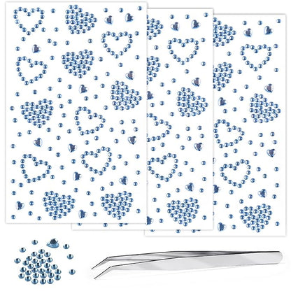3 Sheets Face Gems Jewels Self Adhesive Rhinestones Gems for Face Eyes Makeup Hair Body Stick on Rhinestones Stickers for Valentine Festival Decal Decor(Light Blue)