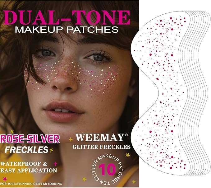 10 Pcs Rose-Silver Dual-Tone Glitter Freckles, Double Colors Glitter Face Tattoo, Waterproof Face Sparkle, Long-Lasting 48h Freckles for Women