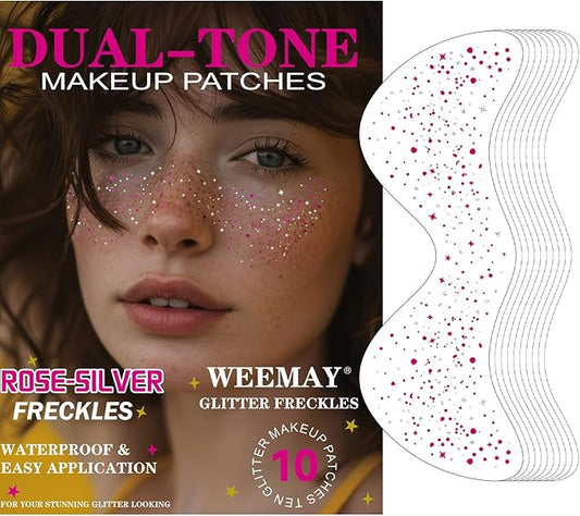 10 Pcs Rose-Silver Dual-Tone Glitter Freckles, Double Colors Glitter Face Tattoo, Waterproof Face Sparkle, Long-Lasting 48h Freckles for Women
