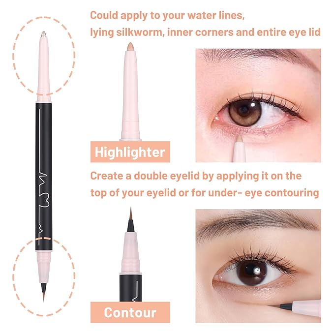 3PC Dual Ended Makeup Highlighter Pen, Glitter & Matte Nude Pink EyeLiner & Eyeshadow, Liquid Contour Liner 2 in 1 Eye Make Up Stick, Mulit-Funtional Long Lasting Lying Silkworm Pencil Set