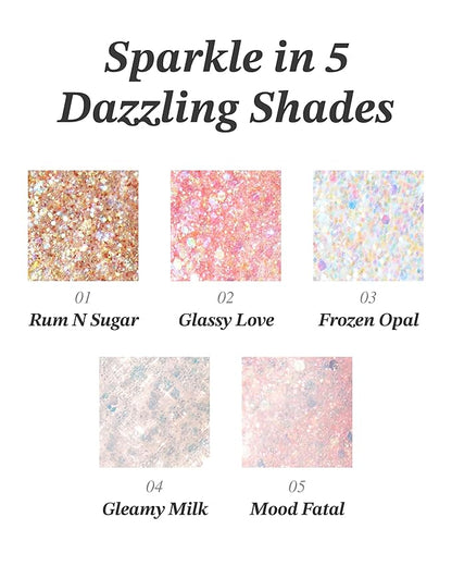 Glint Makeup Fan Brush & Glitter Gel (Rum N Sugar, 0.13oz) - Multi-Use Body Makeup for Eyes, Cheeks, Body, and Hair by LG Beauty. Rich Pigment, Long-Lasting Sparkle/Glitter for Party, Festival.