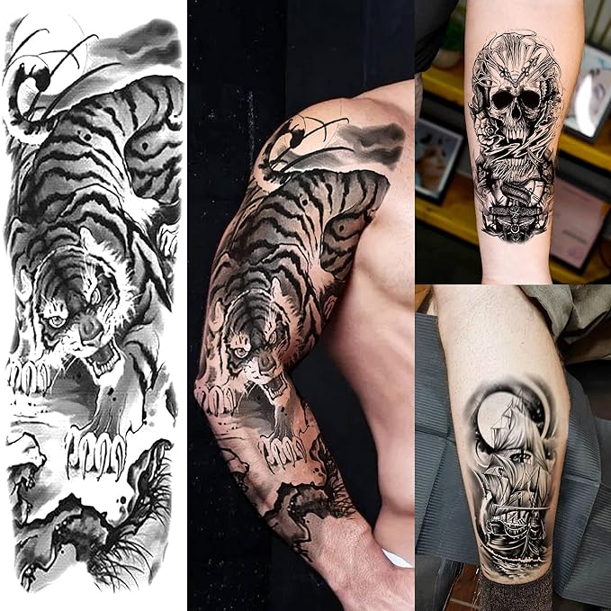 20 Sheets Large Tiger Full Arm Temporary Tattoos For Women, 8 Sheets Full Sleeve Tattoos For Men Tiger Lion Eagle Owl Compass Flower, 12 Sheets Half Arm Tattoo Sleeve For Adults Ship Skull