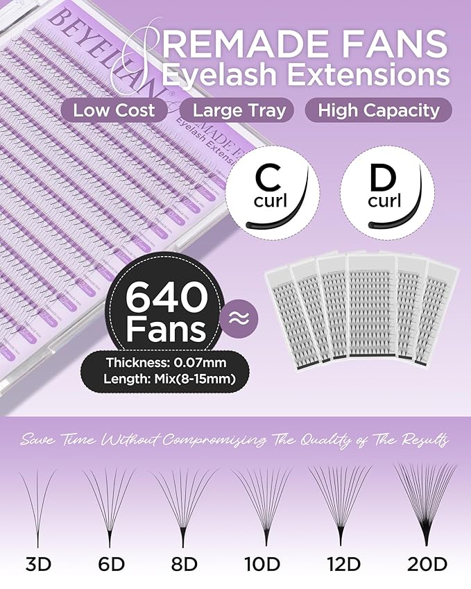 BEYELIAN Premade Lash Fans, 320 Fans Pre Made Fans Volume Lash Extensions 3D 6D 8D 10D 12D 20D 0.07 C/D Curl Save Time Eyelash Extensions for Professional Salon, 8-15mm MIX Easy to Use (3D-0.07-D)