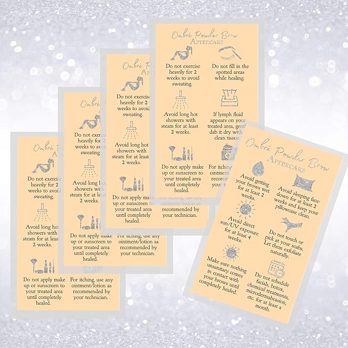 Ombre Powder Brow Aftercare Instructions Cards | Package of 50 | Double Sided Size 2x3.5" inches Business Card | Tan with Silver Glitter Look Design