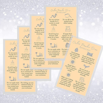 Ombre Powder Brow Aftercare Instructions Cards | Package of 50 | Double Sided Size 2x3.5" inches Business Card | Tan with Silver Glitter Look Design