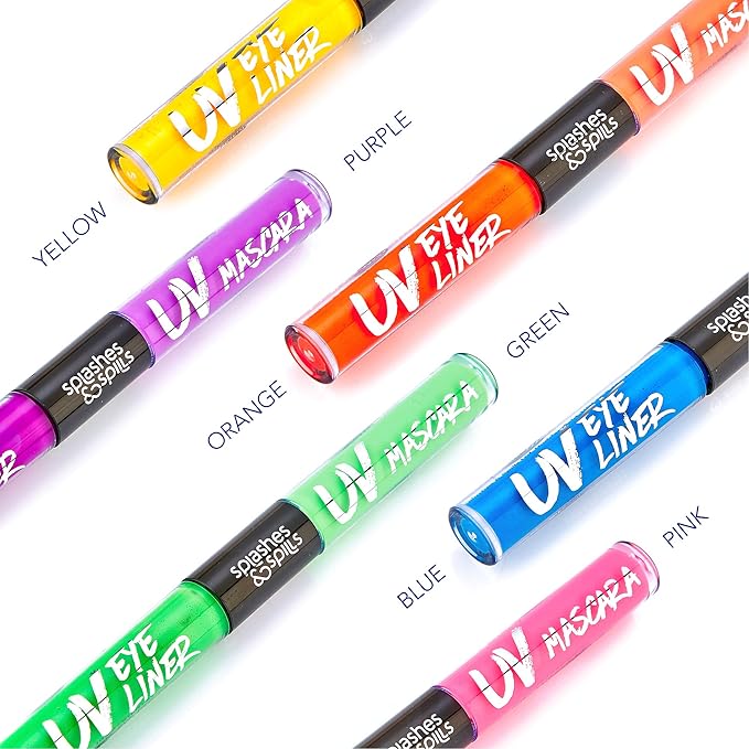 UV Blacklight Glow Eyeliner and Mascara Duo - 6 Color Variety Pack, 6ml – Day or Night Stage, Clubbing or Costume Makeup by Splashes & Spills