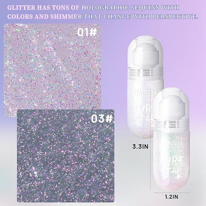 DAGEDA 2Colors Roll-on Body Glitter Gel for Body, Hair, Face, Holographic Glitter Makeup for Rave Accessories, Body Shimmer Hair Glitter Gel for Halloween Makeup(Dazzle + Sprakling Pink)