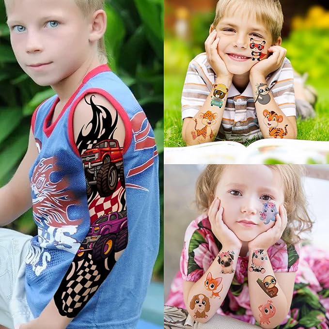 58 PCS Cartoon Unicorn Mermaid Temporary Tattoo For Kids Girls Boys, Full Arm Animals Dinosaur Car Space Monster Truck Butterfly Body Face Fake Arm Tattoos Stickers Birthday Gifts Party Supplies