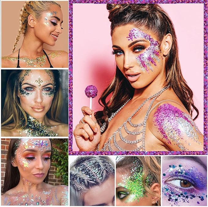 4 Colors of Holographic Chunky Glitter with Quick Dry Glue Pack 5, 4 Pots Total 40g Multi-Shaped for Body Hair Face Eyes Make-up, Nail Art and Bedazzling in Party/Concert/Events Glitter