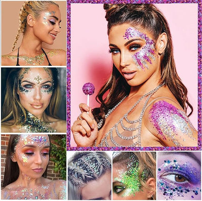 2 Colors of Holographic Chunky Glitter with Quick Dry Glue Pack 4, 4 Pots Total 40g Multi-Shaped for Body Hair Face Eyes Make-up, Nail Art and Bedazzling in Party/Concert/Events Glitter