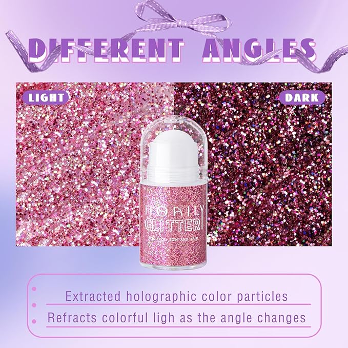 Roll-on Holographic Body Glitter Gel for Face Hair, Chameleon Color Changing Glitter Gel Under Light, Chunky Mermaid Sequins Festival Party Rave Accessories Shimmer Makeup (20# Pink)