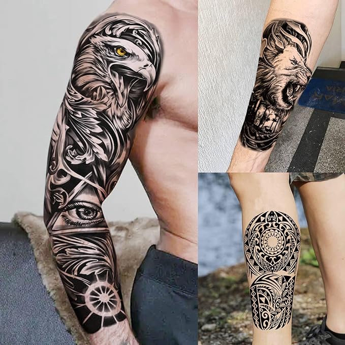 20 Sheets Full Arm Sleeve Temporary Tattoos For Men Women Thigh, Zeus God Lion Eagle Tiger Fake Tattoo Sleeve For Adults, Long Lasting Halloween Black Dragon Maori Tattoo Stickers Compass Rose Flower