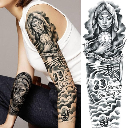 20 Sheets Gothic Nun Girl Prayer Full Arm Sleeve Temporary Tattoos For Men Women Thigh, Zeus God Indian Chicano Gangster Wolf FLower Fake Tattoo Sleeve For Adults, Halloween Black Tattoo Sticker Skull