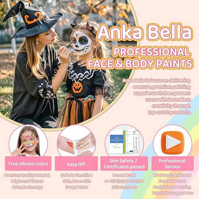 Anka Bella Professional Face Paint（60gm),Water Activated Face Body Painting Kit for Kids & Adults,Hypoallergenic & Non-Toxic,Perfect for Birthday Parties/Halloween/Carnival