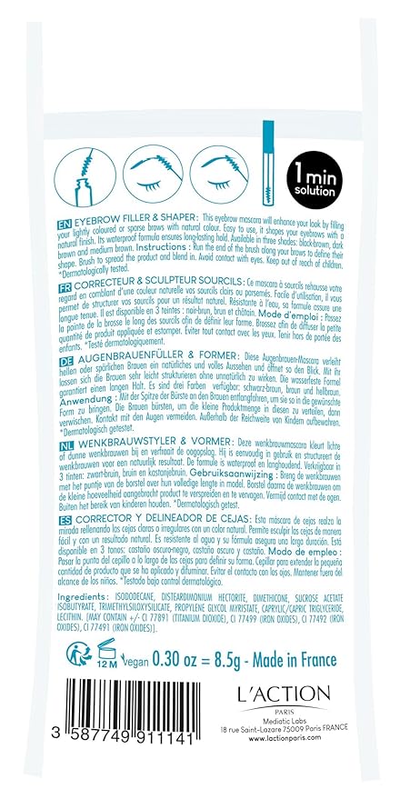 L'Action Paris Long Lasting Eyebrow Filler and Shaper, Eyebrow Mascara Fills Brows with Natural Colour, Sculpts Brows to Desired Shape, Waterproof Formula, Black-Brown 0.30 oz