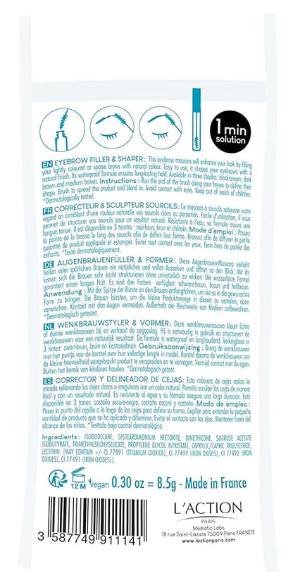 L'Action Paris Long Lasting Eyebrow Filler and Shaper, Eyebrow Mascara Fills Brows with Natural Colour, Sculpts Brows to Desired Shape, Waterproof Formula, Black-Brown 0.30 oz