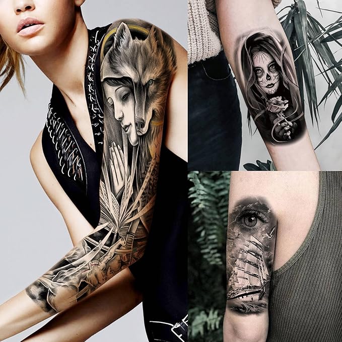 20 Sheets Gothic Nun Girl Prayer Full Arm Sleeve Temporary Tattoos For Men Women Thigh, Zeus God Indian Chicano Gangster Wolf FLower Fake Tattoo Sleeve For Adults, Halloween Black Tattoo Sticker Skull