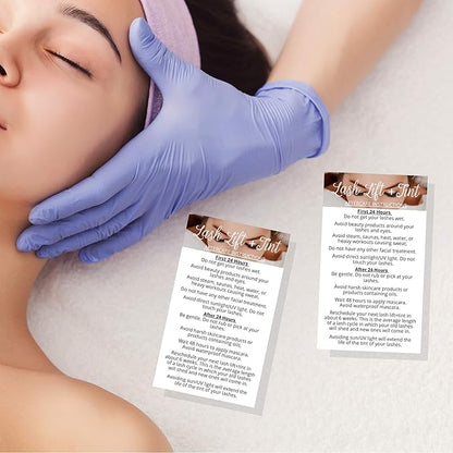 Lash Lift + Tint Aftercare Instruction Cards | 50 Pack | 2 x 3.5” inches Business Card Single Side | Eyelash Lift and Tint Kit at home diy aftercare supplies | White with Lash Photo Design