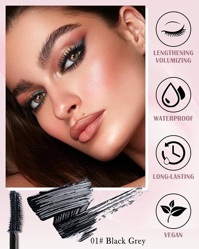 Black Grey Waterproof Mascara, Liquid Lash Extensions Mascara with Dual-Sided Brush, Great for Lengthening and Volumizing Eyelashes, Tubing Mascera Fiber No Clumping, Long Lasting, Smudge-Proof-01