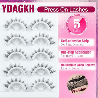 Self Adhesive Lashes Manga Lashes Natural Look Press On Lashes No Glue Needed Reusable Self Adhesive Eyelashes without Eyeliner Clear Band Anime Lashes Short 8-15mm Cat Eye Pre Glued Strip Lashes
