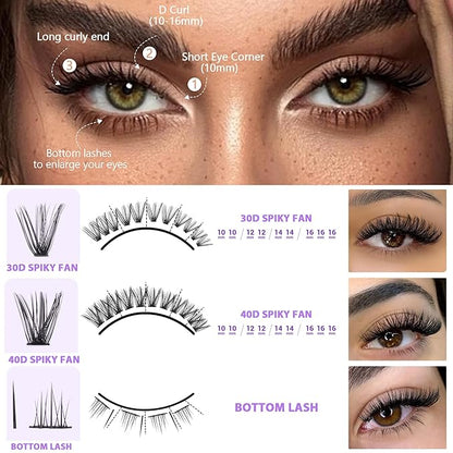 Geeneiya Bottom Lash Extension Kit Natural Cluster Eyelash Extension Kit DIY D Curl Lash Clusters Kit with Lash Bond and Seal Glue, Lash Applicator for Self Application at Home (30D+40D+BOTTOM)