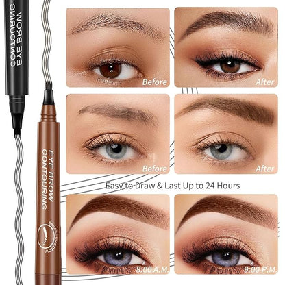 3 Color-Magic Eyebrow Pencil, 3D Waterproof Microblading Eyebrow Pen 4 Fork Tip Tattoo Pencil, Dark Brown Black Medium Brown Eyebrow Pencil for Women Creates Natural Looking Brows (3 Color)