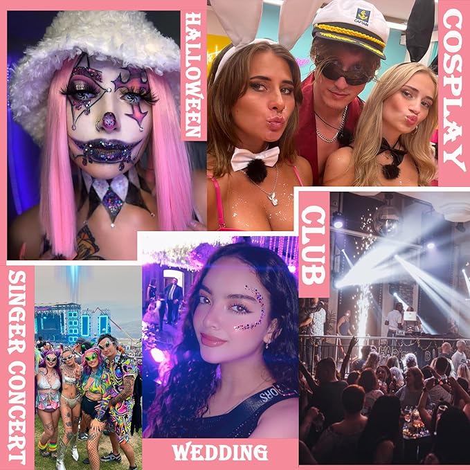 Body Glitter Face Glitter Gel: Singer Concerts Disco Festival Rave Accessories Face Glitter Makeup 150ml Chunky Sequins Mermaid Face Body Hair Glitter Gel (White&Pink&Gold)