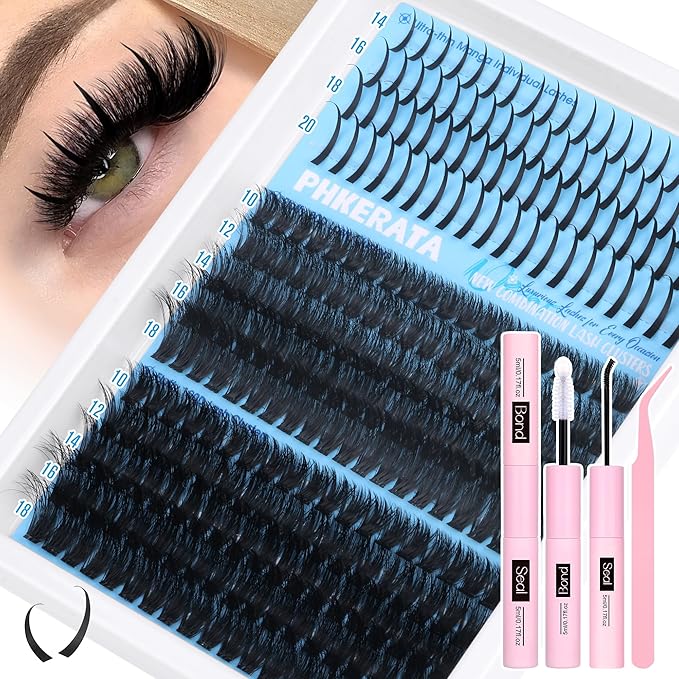 Lash Clusters Kit Spikes Wispy Lash Extension Kit Volume 80D+100D Eyelash Clusters Spikes Eyelash Extension Kit Russian D Curvature Individual Lashes with Lash Glue Bond and Seal, Tweezers