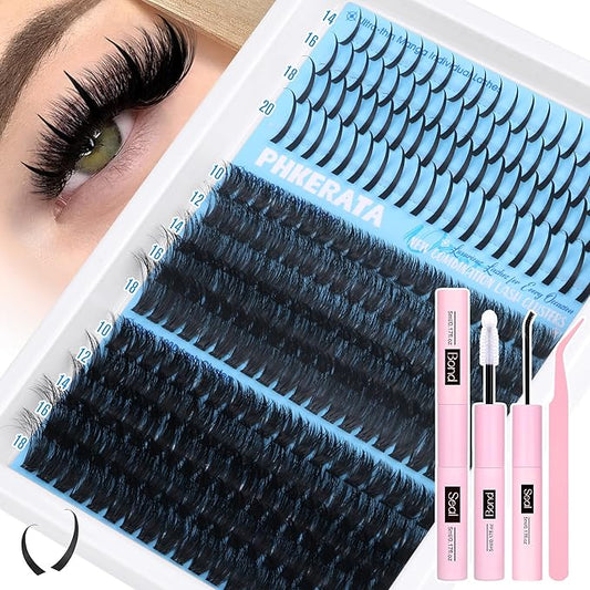 Lash Clusters Kit Spikes Wispy Lash Extension Kit Volume 80D+100D Eyelash Clusters Spikes Eyelash Extension Kit Russian D Curvature Individual Lashes with Lash Glue Bond and Seal, Tweezers