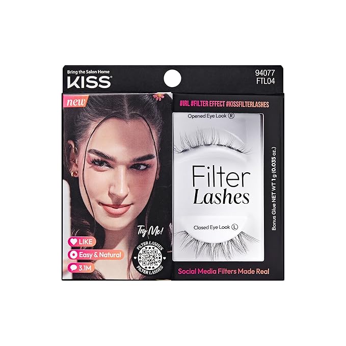 KISS Filter Lashes, AI-Inspired Delicate Wispy False Eyelashes, 1 Pair, Medium (10-12mm), Natural 3D Volume, Lightweight Look, Lash Glue Included, Bunny Pretty
