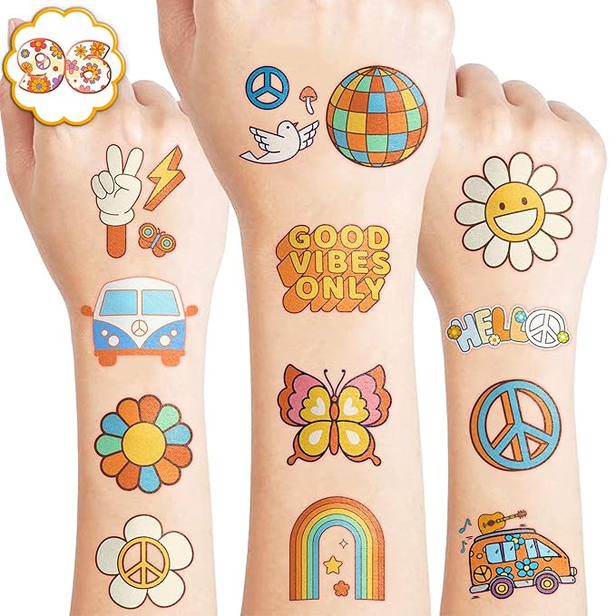 96PCS Groovy 70s Pre-Cut Temporary Tattoos - Retro Flower Power, Good Vibes Party Decorations & Favors | Cute Tattoos Stickers Gift for Kids, Boys & Girls, Baby Shower & Prize Supplies