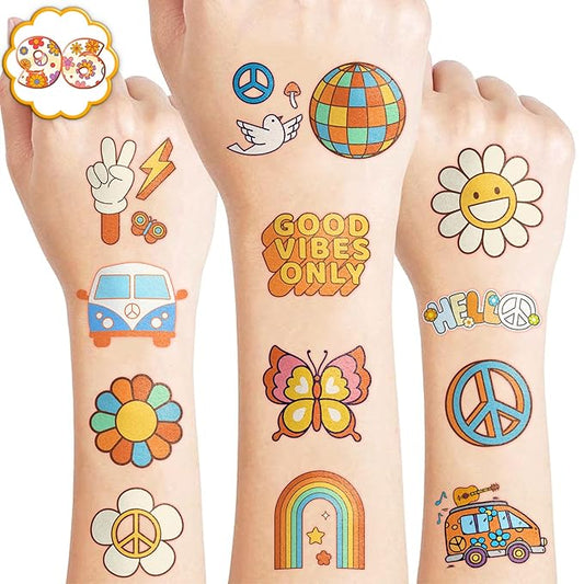96PCS Groovy 70s Pre-Cut Temporary Tattoos - Retro Flower Power, Good Vibes Party Decorations & Favors | Cute Tattoos Stickers Gift for Kids, Boys & Girls, Baby Shower & Prize Supplies
