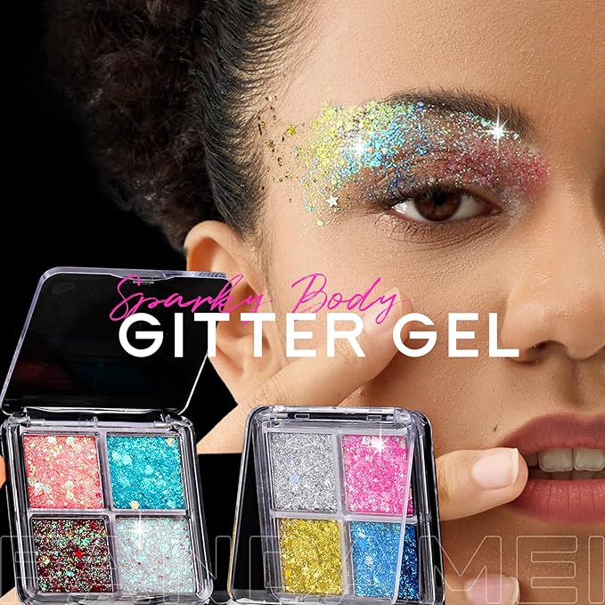 FANDAMEI Face Glitter, Body Glitter for Women, 2 Palette 8 Colors Glitter Gel for Face, Hair Glitter for Kids, Fairy Rave Mermaid Makeup