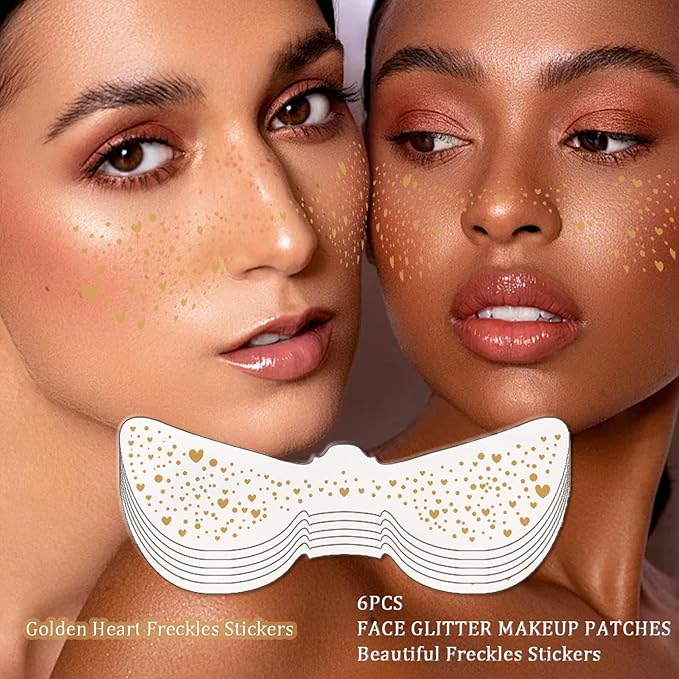 Face Makeup Patche, Freckle Face Stickers, Glitter Freckles Face Tattoo, Easy to Stick, Waterproof Long Lasting Party Makeup Stickers for Women - 6 Stickers Set (QBT-007 Rose Gold)