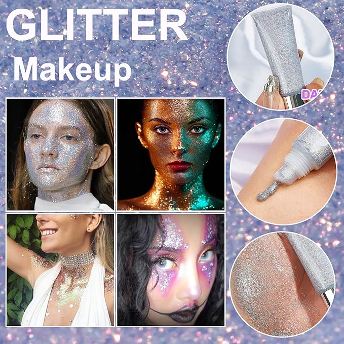 Body Glitter Gel Set Holographic Glitter Festival Makeup for Face Hair Eye Rave Mermaid Accessories Shimmer Glitter