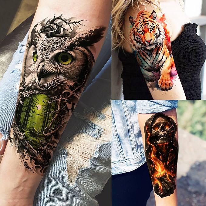72 Sheets Lion Skull Temporary Tattoos For Men Women, Halloween Half Arm Sleeve Tattoo Stickers Zeus Eagle Tiger Ship, 3D Watercolor Temp Gothic Waterproof Fake Tattoos Adults Flower Skeleton Compass