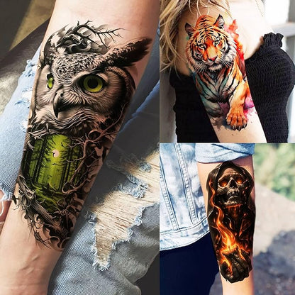 72 Sheets Lion Skull Temporary Tattoos For Men Women, Halloween Half Arm Sleeve Tattoo Stickers Zeus Eagle Tiger Ship, 3D Watercolor Temp Gothic Waterproof Fake Tattoos Adults Flower Skeleton Compass