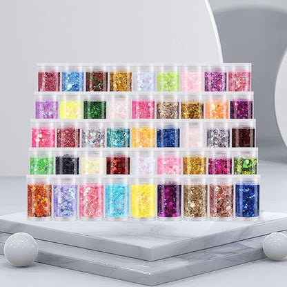 Chunky Fine Mixed Glitter,Set of 45 Colors,Holographic Glitter for Epoxy Resin DIY Craft,Nail Art,Face Eye Hair Make up,Iridescent Flake Chunky Sequin for Slime Jewelry Tumbler Making