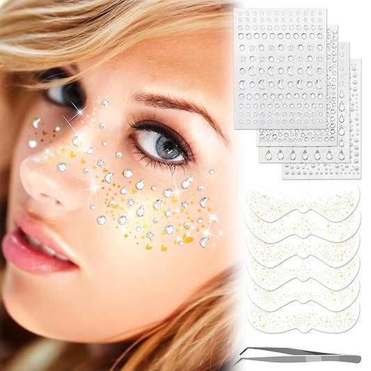 12Pcs Glitter Freckles Face Tattoos - Pearl Diamond Face Patches Stickers Festival Accessories for Women Sparkles Freckles Half Magic Makeup Jewels Stickers, Easy to Apply