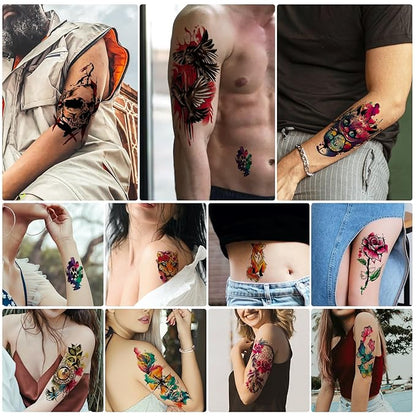 3D Watercolor Temporary Tattoo for Women Men, Colorful Small Half Arm Tattoos Flower Butterfly Cat Fake, Tiny Tattoo Sticker Tiger Wolf Waterproof