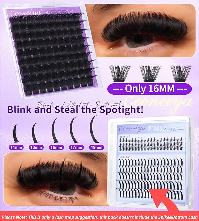 Geeneiya 200D Mega Lash Clusters Volume Eyelash Clusters D Curvature Cluster Eyelash Extensions DIY Wispy Lash Extension | Only 16MM Mega Lashes