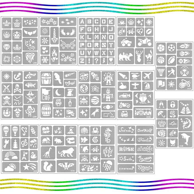 Yazhiji 390 PCS Temporary Tattoo Stencils, Face and Body Paint Stencils Kit, Girl Boy Glitter Tattoos Stencils Pack for Kids School Show Birthdays Halloween Christmas Party Favor Supplies