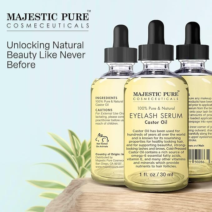 Majestic Pure Castor Oil Eyelash Serum - with Apple & Argan Stem Cells - Eyelash Growth Serum for longer thicker Eyelashes, Eyebrows & Hair - Free Set of Mascara Brush & Eyeliner Applicator - 1 fl oz