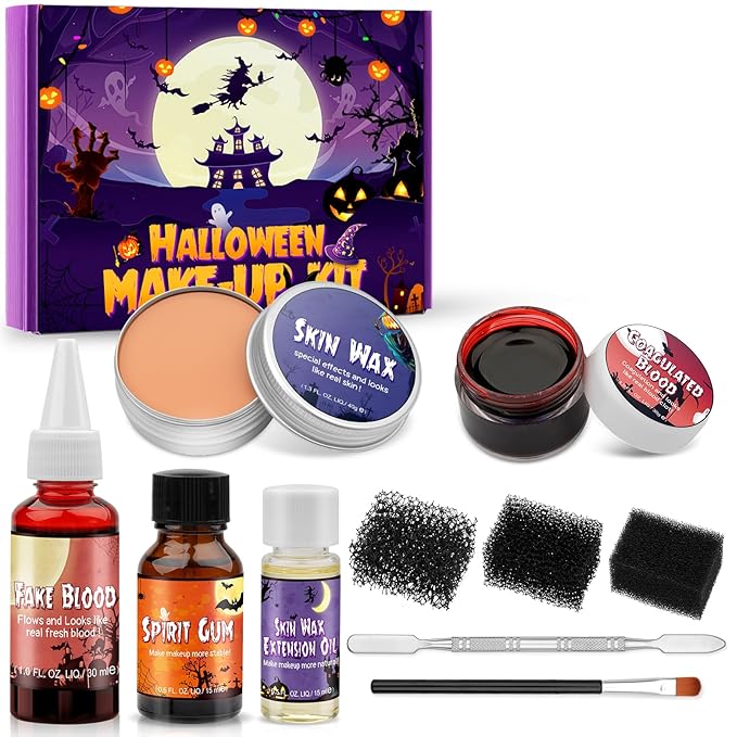 Halloween SFX Makeup Kit, Halloween Special Effects Wound Modeling, Scar Wax with Spatula, Fake Blood, Coagulated Blood Gel, Spirit Gum, Extension Oil, Stipple Sponge for Halloween Cosplay Makeup