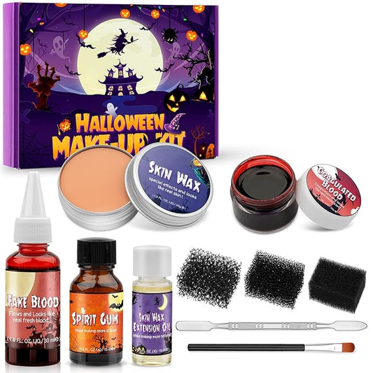 Halloween SFX Makeup Kit, Halloween Special Effects Wound Modeling, Scar Wax with Spatula, Fake Blood, Coagulated Blood Gel, Spirit Gum, Extension Oil, Stipple Sponge for Halloween Cosplay Makeup