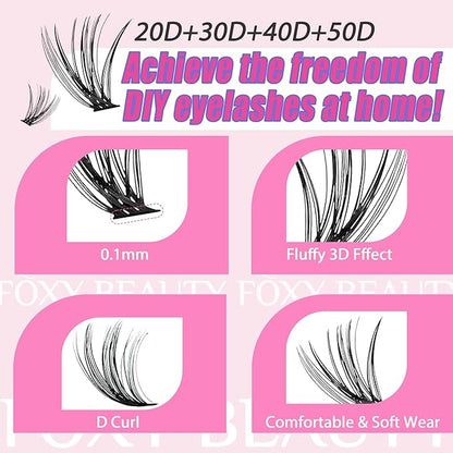 FOXY BEAUTY Lash Extension Kit-Lash Clusters Kit D Curl Cluster Eyelash Extension Kit with Mascara Brush Bond and Seal Glue Remover Lash Applicators for DIY At Home