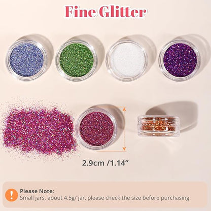 LEOBRO Fine Glitter, 24 Colors Holographic Fine Glitter for Crafts, Resin, Tumblers, Nail Body, DIY Party Decorations