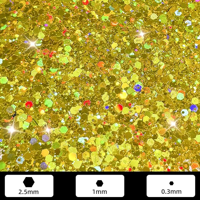 GlimmerLife Gold Chunky Glitter 150G/5.29OZ Glitter, Iridescent Metallic Craft Sequin for Resin, Mixed Holographic Chunky Glitter for Nail Art, Body Makeup, DIY Christmas Decorations