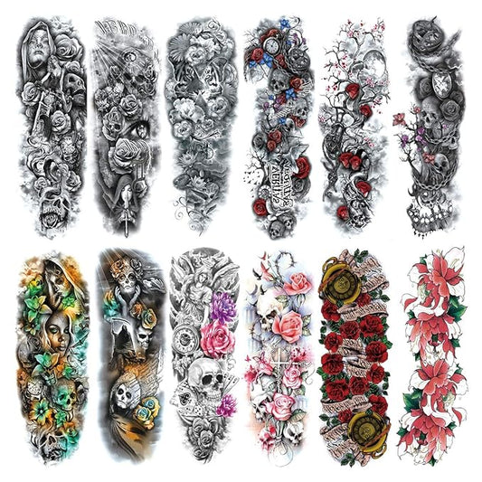 Pinone Full Arm Temporary Tattoo For Man Women L19“xW7”(12 Sheets)