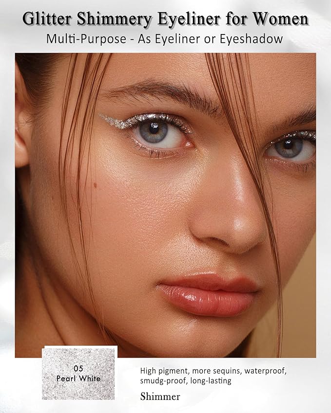 White Glitter Eyeliner Pencil, Waterproof Smudge-Proof Long-Stay Retractable Eyeliner Pen, Cream Gel Eye Liner Waterline with Sharpener, Shimmer Highlighter Brightener Eye Liner Makeup Stick for Women